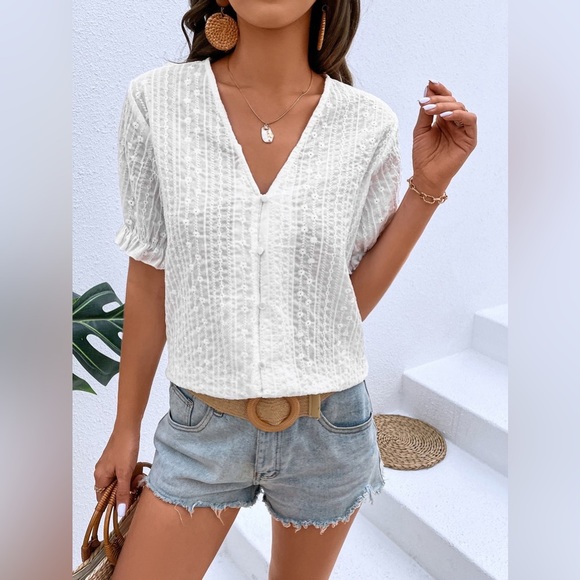 Honey Buttoned V-Neck Flounce Sleeve Top - Picture 4 of 6